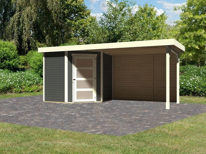 Karibu Gartenhaus Schwandorf 3 terragrau mit Anbaudach 2,8 m inkl. Rückwand