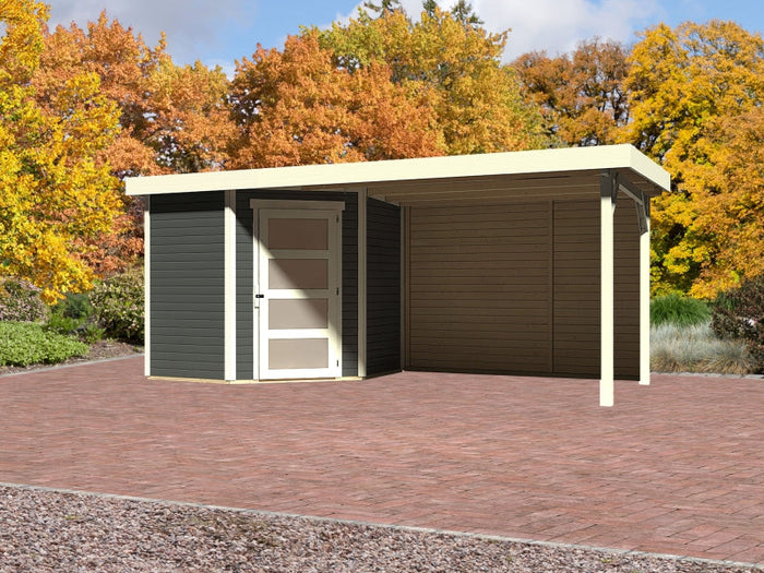 Karibu Gartenhaus Schwandorf 3 terragrau mit Anbaudach 2,8 m inkl. Rückwand