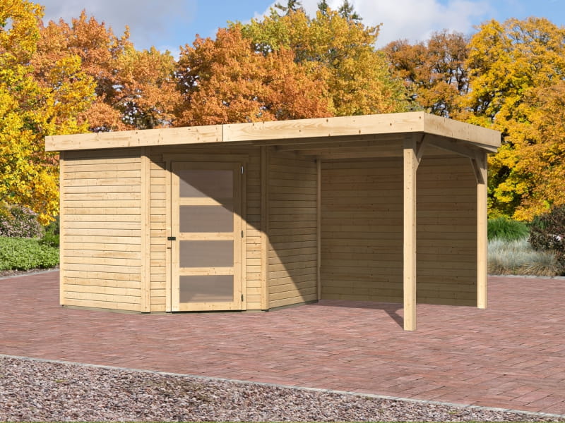 Karibu Gartenhaus Schwandorf 5 natur mit Anbaudach 2,40 m inkl. Rückwand