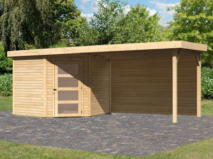 Karibu Gartenhaus Schwandorf 5 natur mit Anbaudach 2,8 m inkl. Rückwand