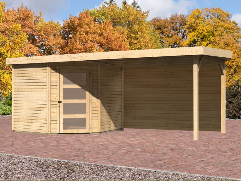 Karibu Gartenhaus Schwandorf 5 natur mit Anbaudach 2,8 m inkl. Rückwand