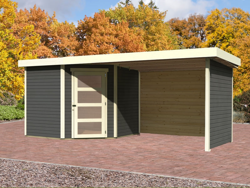 Karibu Gartenhaus Schwandorf 5 natur mit Anbaudach 2,8 m inkl. Seiten- und Rückwand