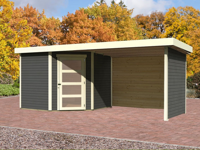 Karibu Gartenhaus Schwandorf 5 natur mit Anbaudach 2,8 m inkl. Seiten- und Rückwand