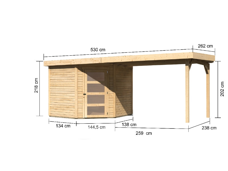 Karibu Gartenhaus Schwandorf 5 natur mit Anbaudach 2,75 Meter