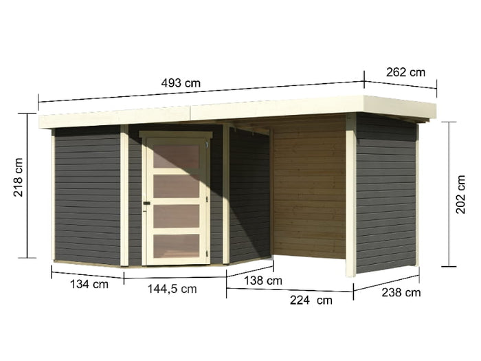 Karibu Gartenhaus Schwandorf 5 terragrau mit Anbaudach 2,25 Meter, Seiten- und Rückwand