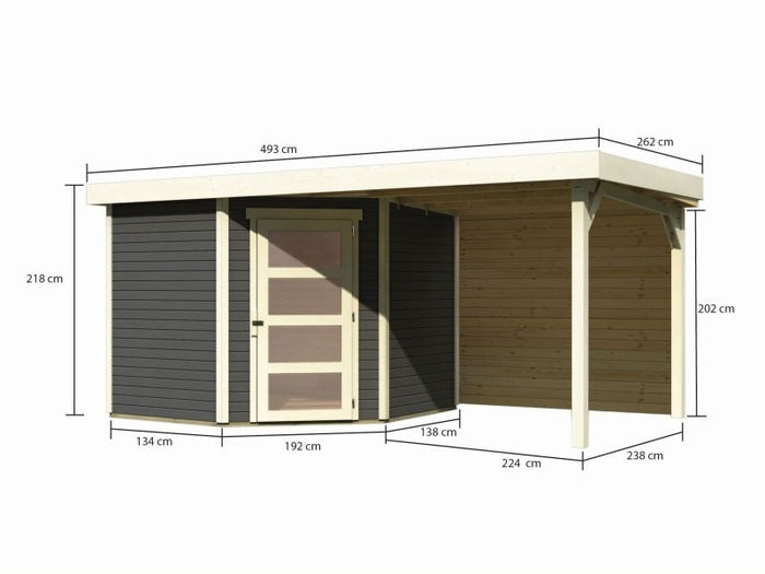 Karibu Gartenhaus Schwandorf 5 terragrau mit Anbaudach 2,40 m inkl. Rückwand