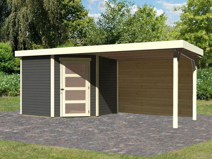 Karibu Gartenhaus Schwandorf 5 terragrau mit Anbaudach 2,8 m inkl. Rückwand