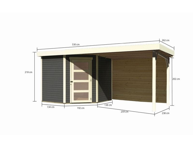 Karibu Gartenhaus Schwandorf 5 terragrau mit Anbaudach 2,8 m inkl. Rückwand