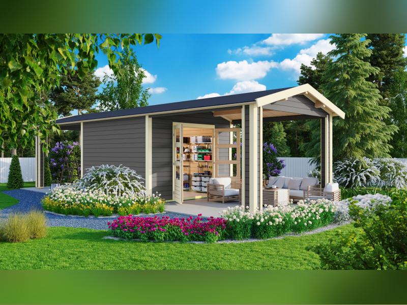 Karibu Gartenhaus Theres 7 terragrau- 2 Dachbausbauelemente