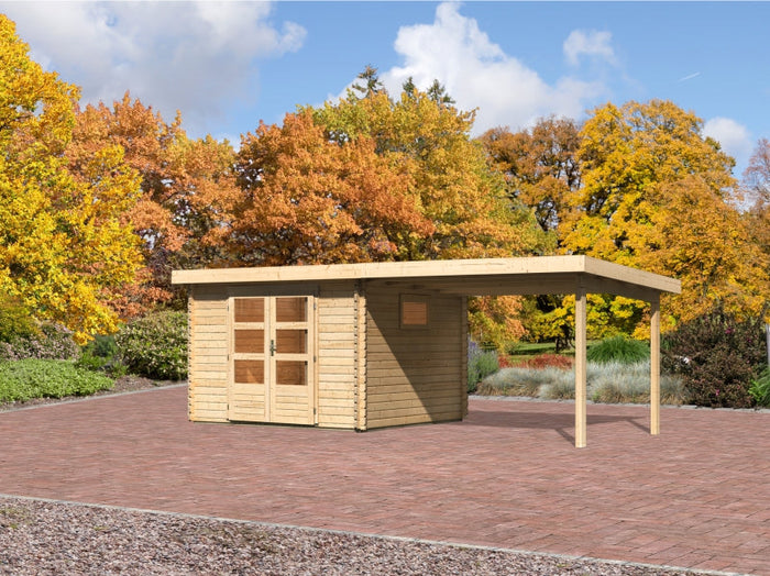 Karibu Gartenhaus Trittau 3 natur mit Anbaudach 3,3 m