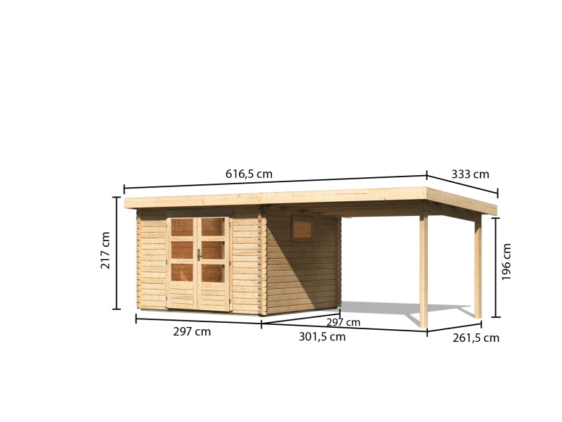 Karibu Gartenhaus Trittau 3 natur mit Anbaudach 3,3 m