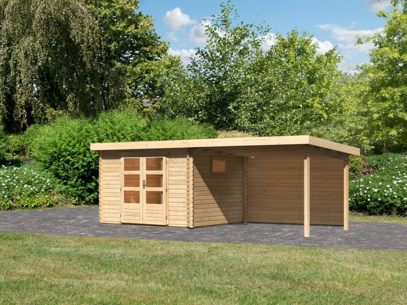 Karibu Gartenhaus Trittau 3 natur mit Anbaudach 3,3 m inkl. Rückwand