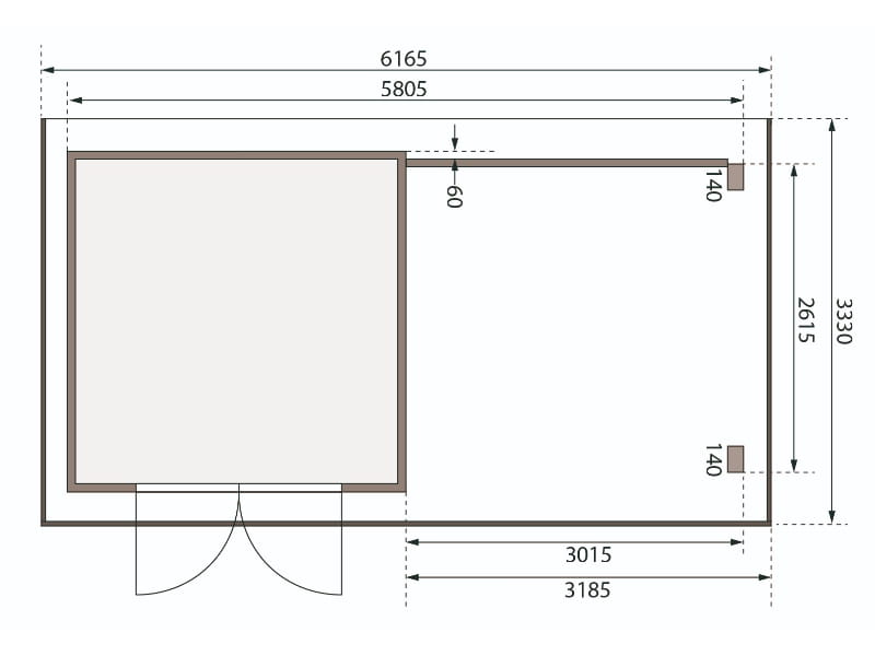 Karibu Gartenhaus Trittau 3 natur mit Anbaudach 3,3 m inkl. Rückwand
