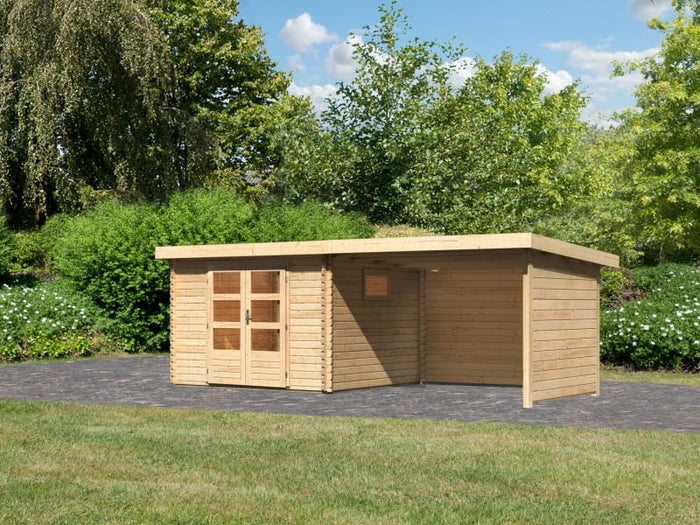 Karibu Gartenhaus Trittau 3 natur mit Anbaudach 3,3 m inkl. Rück- und Seitenwand