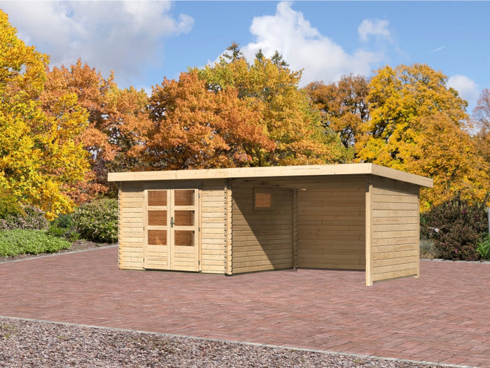 Karibu Gartenhaus Trittau 3 natur mit Anbaudach 3,3 m inkl. Rück- und Seitenwand