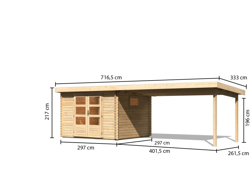 Karibu Gartenhaus Trittau 3 natur mit Anbaudach 4,4 m