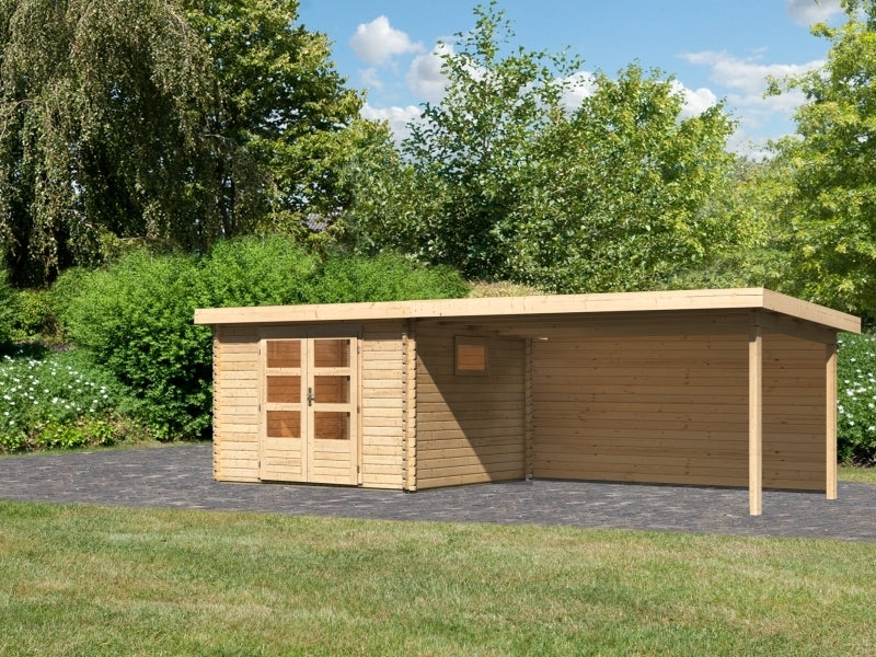 Karibu Gartenhaus Trittau 3 natur mit Anbaudach 4,4 m inkl. Rückwand