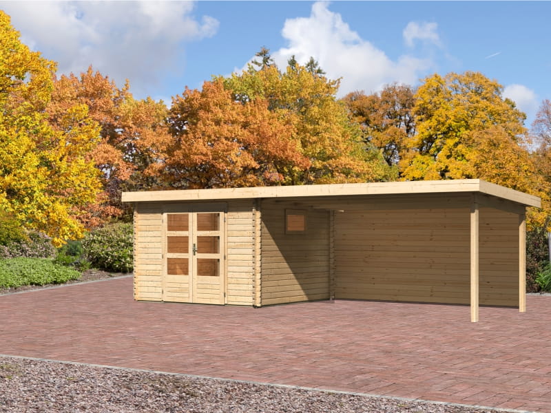 Karibu Gartenhaus Trittau 3 natur mit Anbaudach 4,4 m inkl. Rückwand