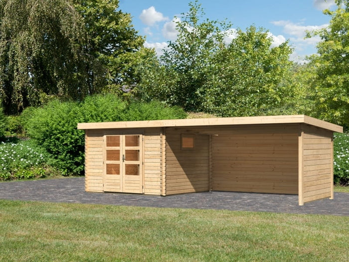 Karibu Gartenhaus Trittau 3 natur mit Anbaudach 4,4 m inkl. Rück- und Seitenwand