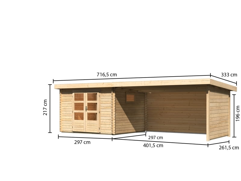 Karibu Gartenhaus Trittau 3 natur mit Anbaudach 4,4 m inkl. Rück- und Seitenwand
