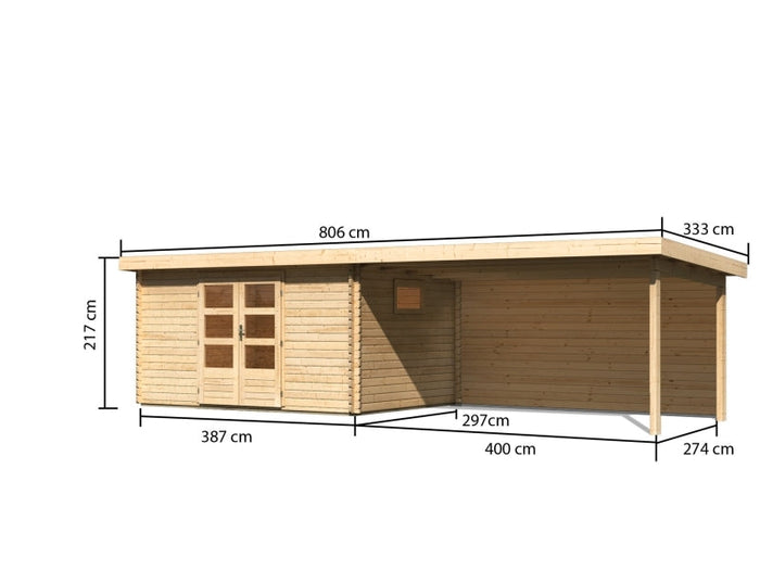 Karibu Gartenhaus Trittau 5 inkl. Anbaudach 4,4 m mit Rückwand