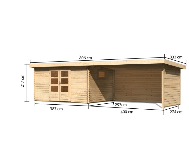 Karibu Gartenhaus Trittau 5 inkl. Anbaudach 4,4 m mit Rück- und Seitenwand