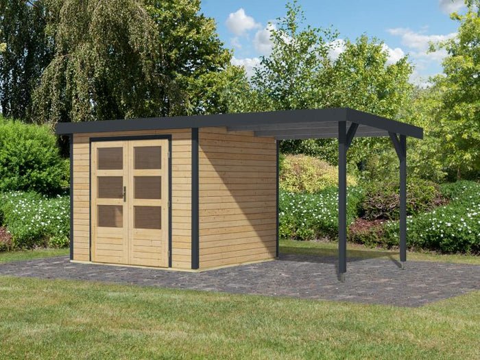Karibu Hybrid Gartenhaus Jupiter 3 A naturbelassen/anthrazit inkl. 2,35 m Anbaudach