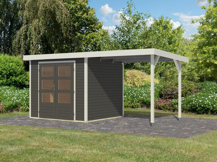 Karibu Hybrid Gartenhaus Jupiter 3 B terragrau/weiß inkl. 2,35 m Anbaudach