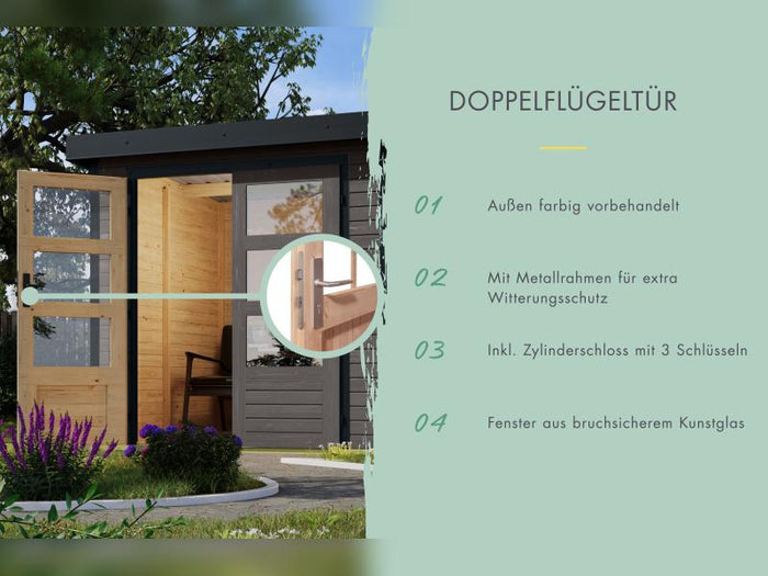 Karibu Hybrid Gartenhaus Jupiter 3 B terragrau/anthrazit inkl. 2,35 m Anbaudach