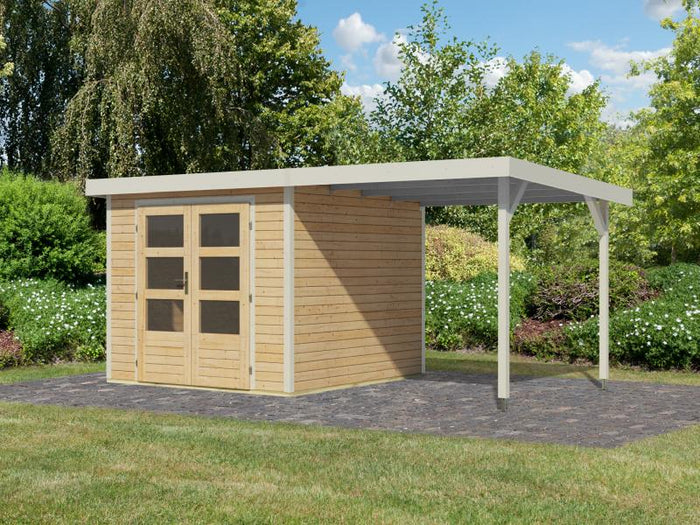 Karibu Hybrid Gartenhaus Jupiter 3,5 A naturbelassen/weiß, inkl. 2,35 m Anbaudach