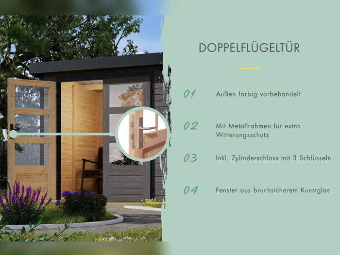 Karibu Hybrid Gartenhaus Jupiter 3,5 B terragrau/weiß, inkl. 2,35 m Anbaudach
