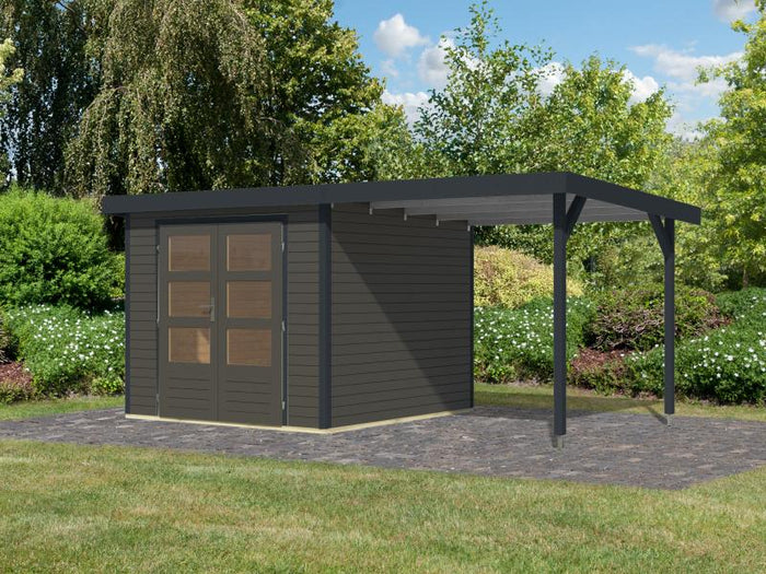 Karibu Hybrid Gartenhaus Jupiter 3,5 B terragrau/anthrazit, inkl. 2,35 m Anbaudach