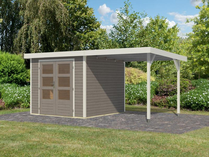 Karibu Hybrid Gartenhaus Jupiter 3,5 D wassergrau/weiß, inkl. 2,35 m Anbaudach