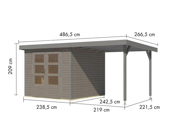 Karibu Hybrid Gartenhaus Jupiter 3,5 D wassergrau/graualuminium, inkl. 2,35 m Anbaudach