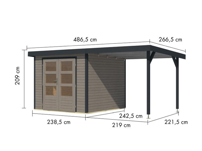 Karibu Hybrid Gartenhaus Jupiter 3,5 D wassergrau/anthrazit, inkl. 2,35 m Anbaudach