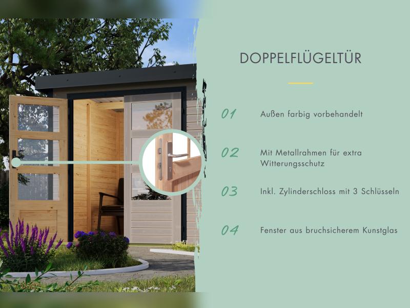 Karibu Hybrid Gartenhaus Jupiter 3,5 D wassergrau/anthrazit, inkl. 2,35 m Anbaudach
