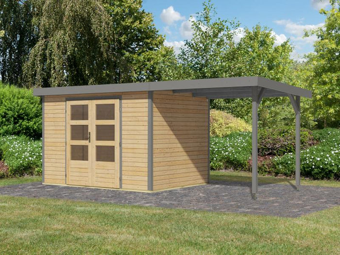 Karibu Hybrid Gartenhaus Jupiter 4 A naturbelassen/graualuminium, inkl. 2,35 m Anbaudach