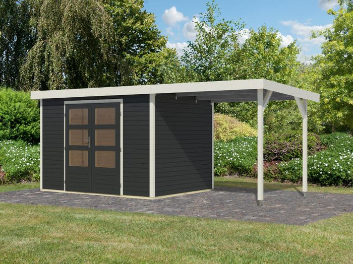 Karibu Hybrid Gartenhaus Jupiter 4 C anthrazit/weiß, inkl. 2,35 m Anbaudach