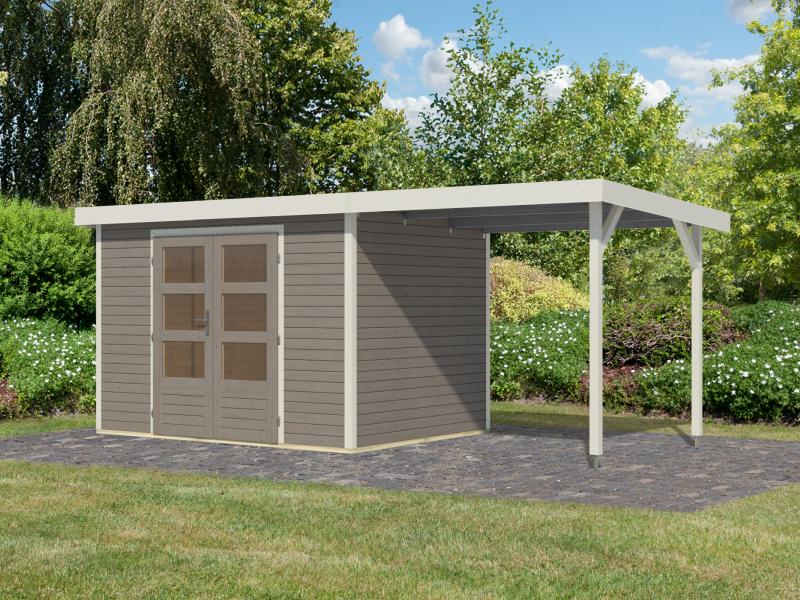 Karibu Hybrid Gartenhaus Jupiter 4 D wassergrau/weiß, inkl. 2,35 m Anbaudach