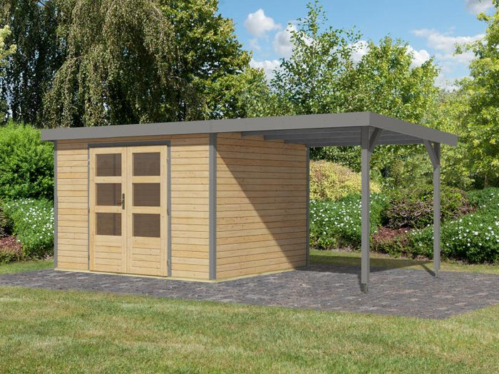 Karibu Hybrid Gartenhaus Jupiter 5 A naturbelassen/graualuminium, inkl. 2,35 m Anbaudach