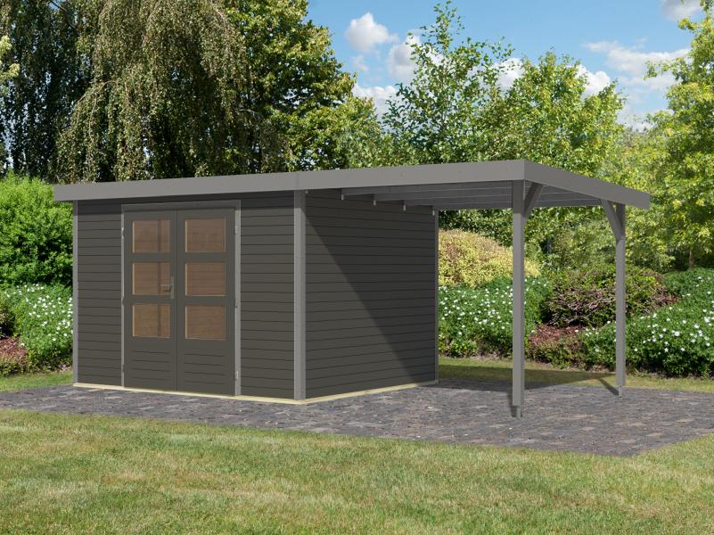 Karibu Hybrid Gartenhaus Jupiter 5 B terragrau/graualuminium, inkl. 2,35 m Anbaudach
