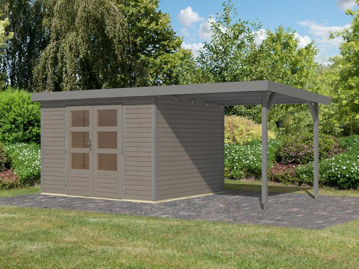 Karibu Hybrid Gartenhaus Jupiter 5 D wassergrau/graualuminium, inkl. 2,35 m Anbaudach
