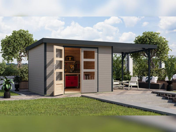 Karibu Hybrid Gartenhaus Jupiter 5 D wassergrau/anthrazit, inkl. 2,35 m Anbaudach