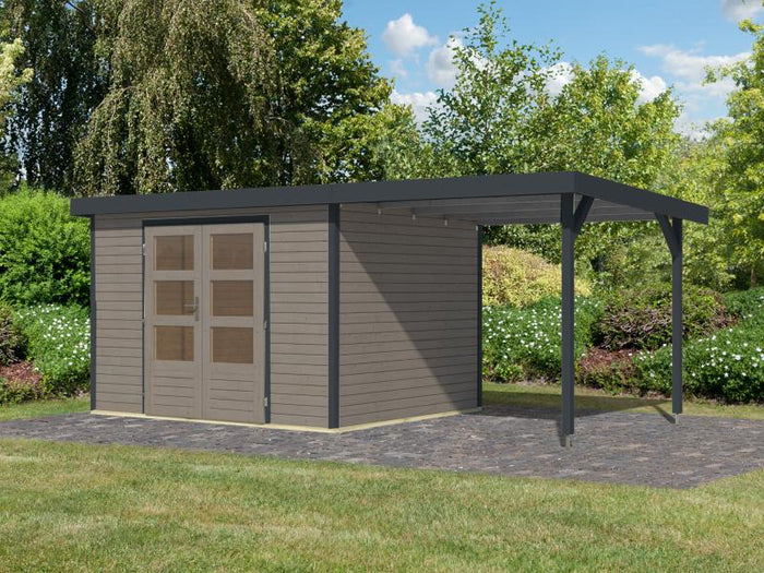 Karibu Hybrid Gartenhaus Jupiter 5 D wassergrau/anthrazit, inkl. 2,35 m Anbaudach