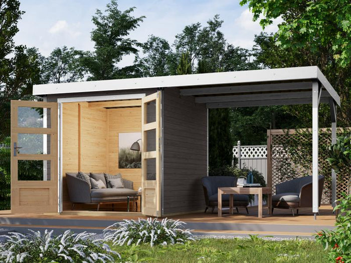 Karibu Hybrid Gartenhaus Jupiter B terragrau/weiß inkl. 2,40 m Anbaudach