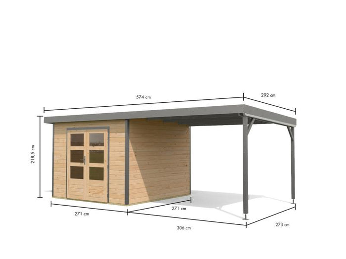 Karibu Hybrid Gartenhaus Pluto 6 A, naturbelassen/graualuminium inkl. 3 m Anbaudach