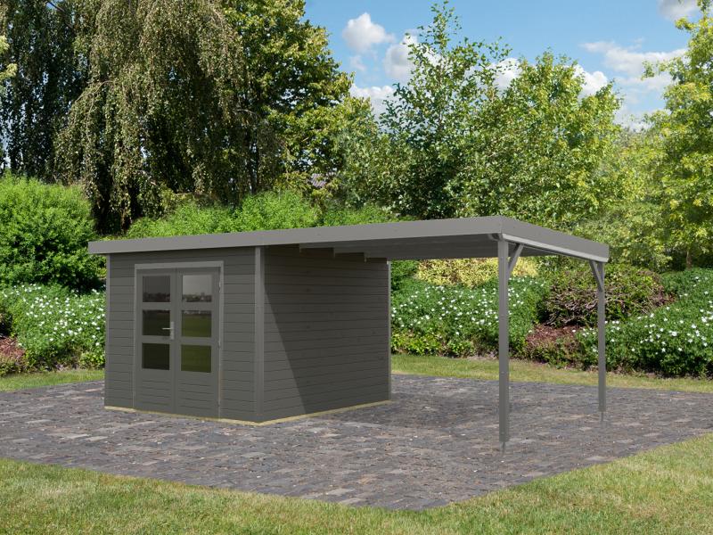 Karibu Hybrid Gartenhaus Pluto 6 B, terragrau/graualuminium inkl. 3 m Anbaudach