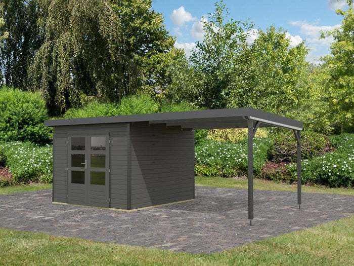 Karibu Hybrid Gartenhaus Pluto 6 B, terragrau/anthrazit inkl. 3 m Anbaudach