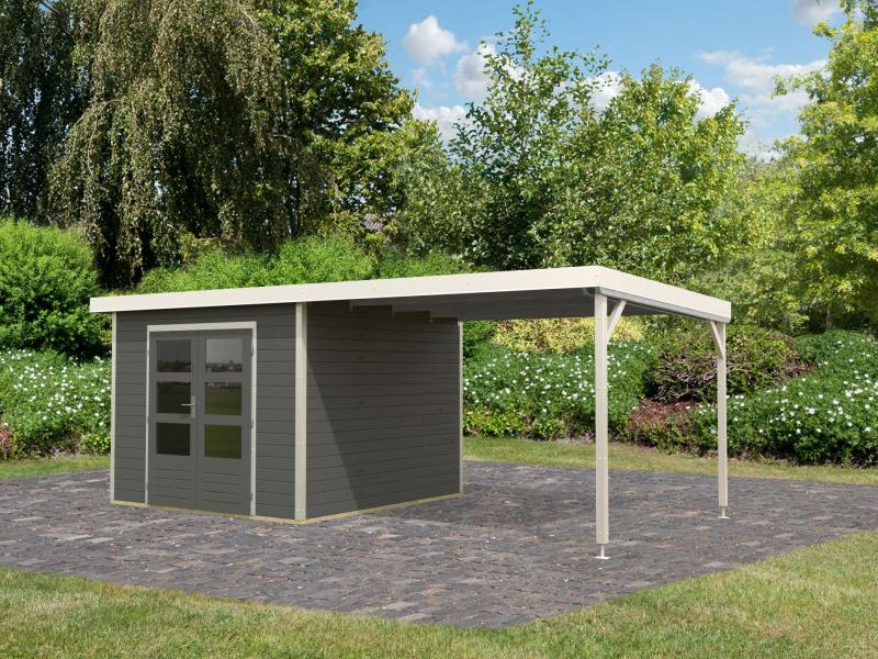 Karibu Hybrid Gartenhaus Pluto 6 B, terragrau/weiß inkl. 3 m Anbaudach