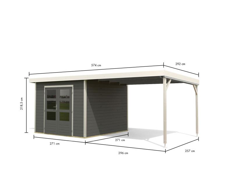 Karibu Hybrid Gartenhaus Pluto 6 B, terragrau/weiß inkl. 3 m Anbaudach